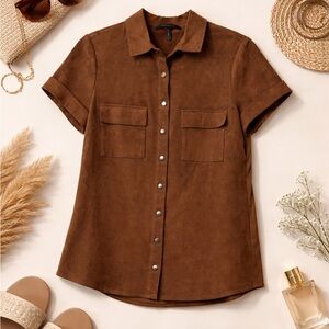 BCBGMAXAZRIA | Brown Suede Short Sleeve Snap Closure Shirt